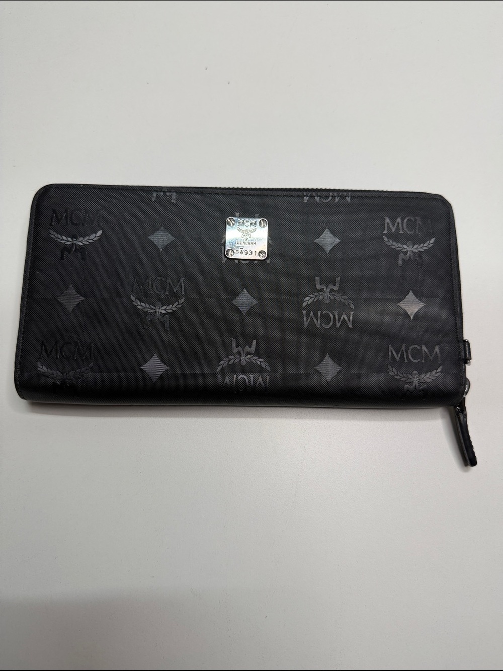 MCM Black Monogram Zip-Around Wallet with Silver Plate